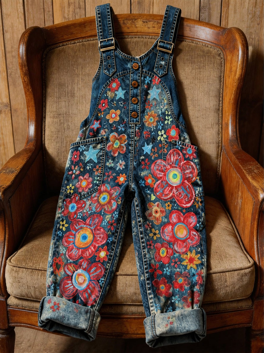 Women's Retro Style Art Print Washed Cotton Denim Patchwork Jumpsuit